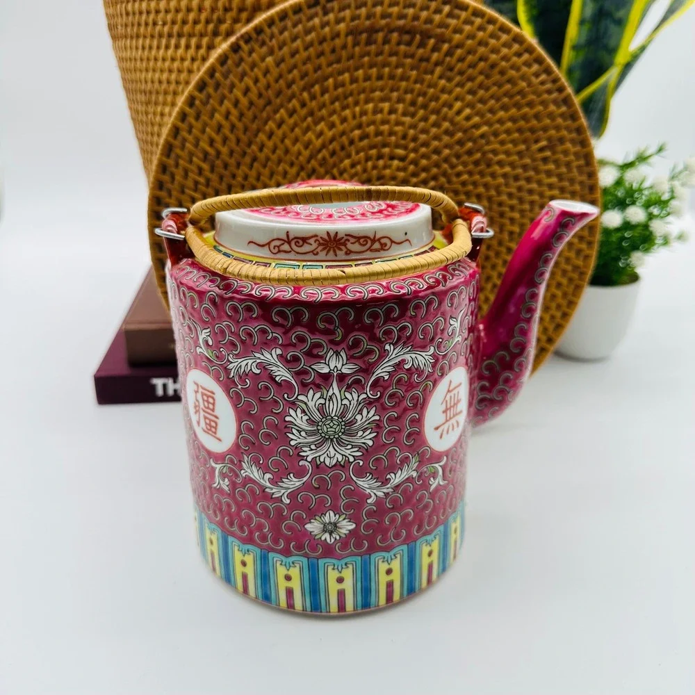 Vintage Mun Shou‎ Longevity Pink Floral Teapot w Basket Famille Rose Chinoiserie